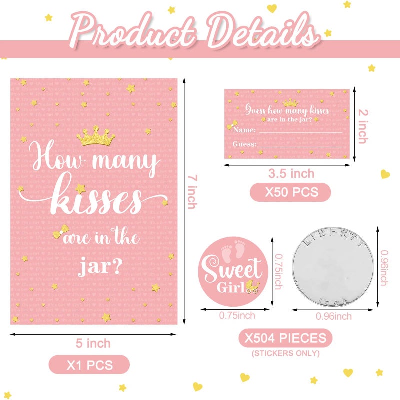 Containlol 555 Pcs How Many Kisses Baby Shower Games, Pink and Gold Standing Sign Guessing Cards Kisses Stickers for Kids Girl Birthday Baby Shower Sprinkle Party Decoration (No Candy and Jar) - Image 2