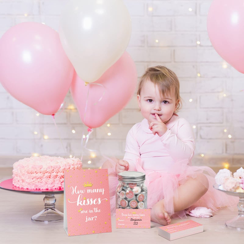 Containlol 555 Pcs How Many Kisses Baby Shower Games, Pink and Gold Standing Sign Guessing Cards Kisses Stickers for Kids Girl Birthday Baby Shower Sprinkle Party Decoration (No Candy and Jar) - Image 5