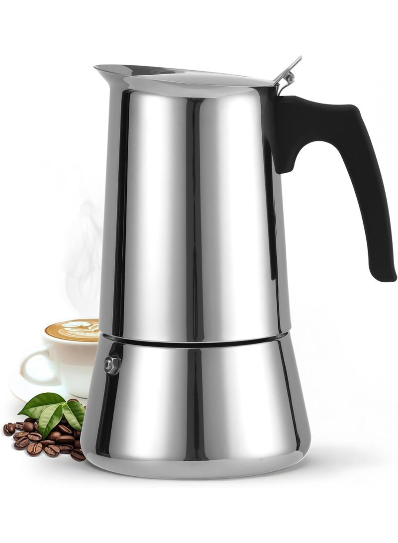 Portable Italian espresso coffee maker made of stainless steel with cups ideal for gas and electric stoves 6 cup capacity - Image 1