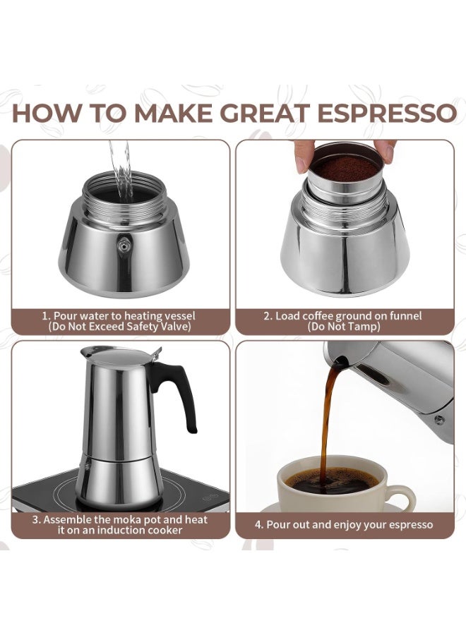 Portable Italian espresso coffee maker made of stainless steel with cups ideal for gas and electric stoves 6 cup capacity - Image 3