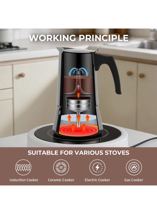 Portable Italian espresso coffee maker made of stainless steel with cups ideal for gas and electric stoves 6 cup capacity - Image 4