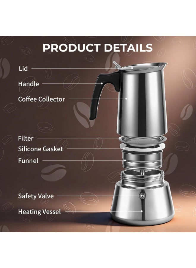 Portable Italian espresso coffee maker made of stainless steel with cups ideal for gas and electric stoves 6 cup capacity - Image 2