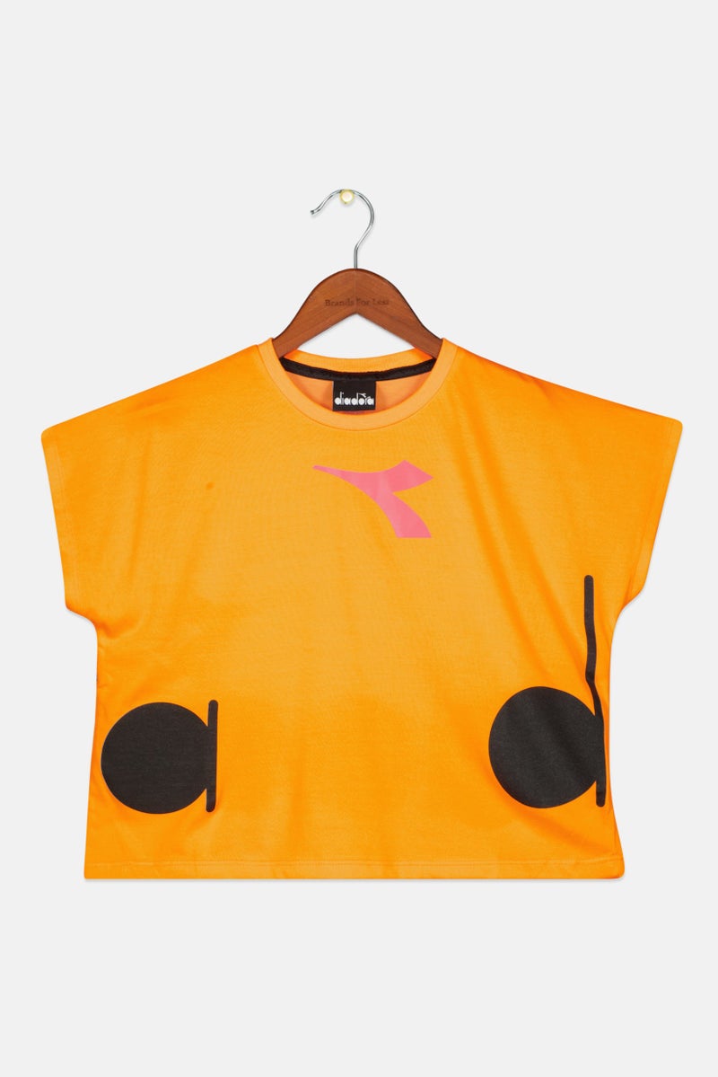 DIADORA Kids Girl Crew Neck Cap Sleeve Brand Logo Crop Top, Orange - Image 1