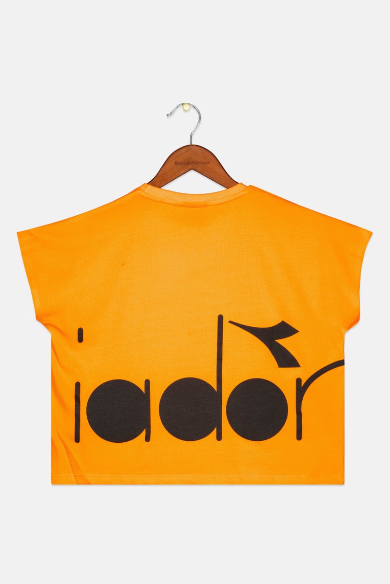 DIADORA Kids Girl Crew Neck Cap Sleeve Brand Logo Crop Top, Orange - Image 2