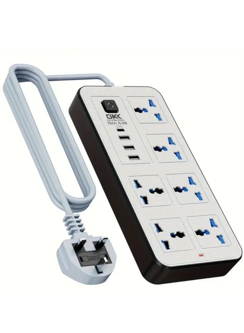 شريط طاقة بريطاني مكون من 6 منافذ تيار متردد، و3 منافذ USB، ومنفذ واحد من النوع C، بقوة 2500 وات/10 أمبير، وكابل تمديد شديد التحمل، وواقي من التيار الزائد للمنزل والمكتب والسكن الجامعي وغرفة الألعاب  - Image 1