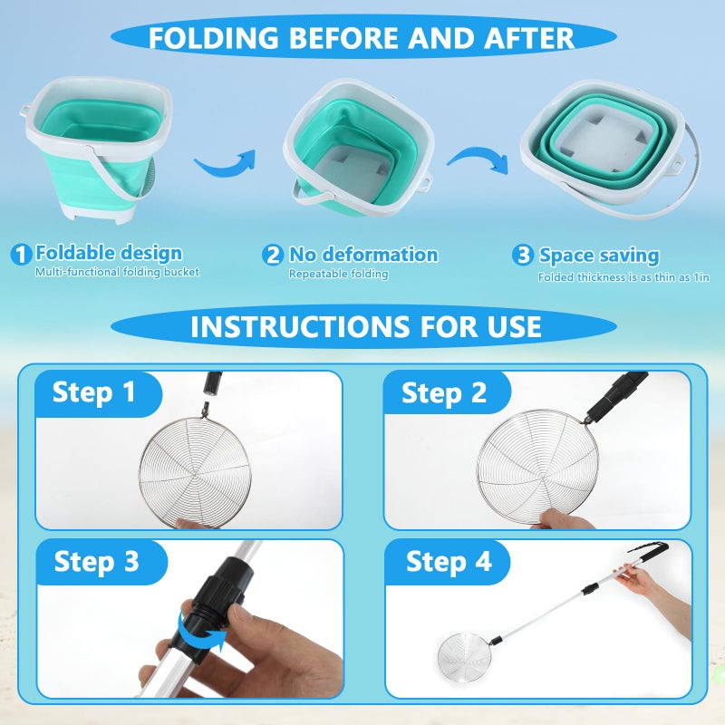 FETHWOIN Shark Tooth Sifter, Beach Sand Sifter, Sea Shell Scooper for Beach, Shell Bags&Foldable Bucket, Sand Beach Toys for Kids 6 8 10 12, Medium, Blue - Image 2