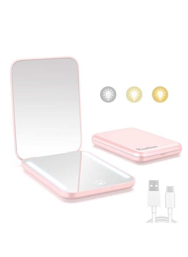 Kintion Kintion Rechargeable Pocket Mirror, Double Sided 1X/3X Magnification Compact Vanity Mirror, 3 Color Lights, Dimmable, Small Portable Wallet Mirror, Lighted Travel Mirror for Women Gifts, Pink - Image 1