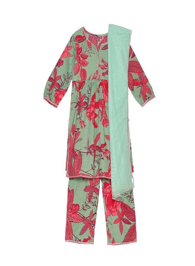 BIBA Girl's Cotton Kurta, Palazzo, Dupatta (KWSWTMT6104AW24MNT_Mint - Image 1