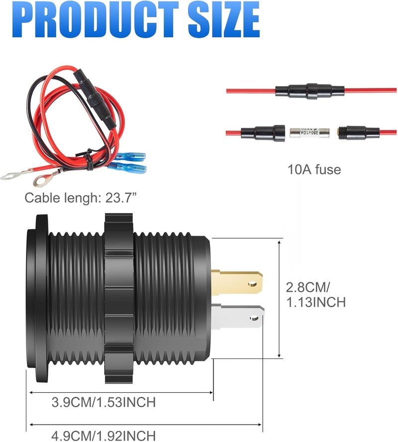 Hapytrip 48 واط 12 فولت منفذ USB منفذ USB C في السيارة، منافذ PD 30 واط و QC 18 واط مقاومة للماء بديل ولاعة السجائر شاحن سيارة مع مقياس فولت رقمي LED للقوارب والمركبات البحرية والشاحنات وعربات الغولف وغيرها. - Image 5