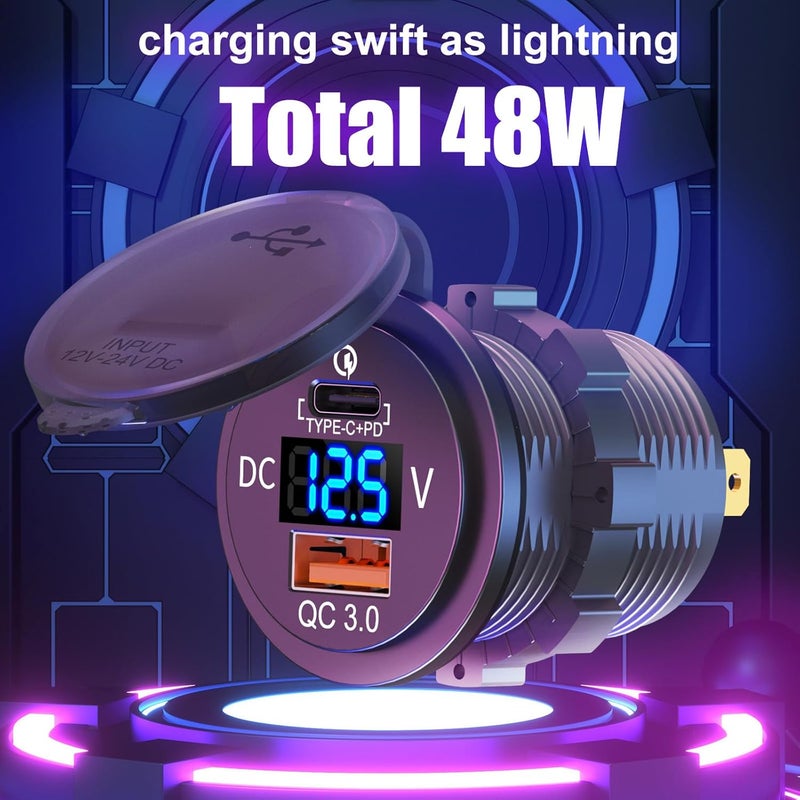 Hapytrip 48 واط 12 فولت منفذ USB منفذ USB C في السيارة، منافذ PD 30 واط و QC 18 واط مقاومة للماء بديل ولاعة السجائر شاحن سيارة مع مقياس فولت رقمي LED للقوارب والمركبات البحرية والشاحنات وعربات الغولف وغيرها. - Image 2