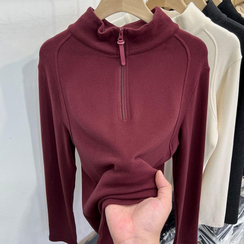 Plus Size Double-Sided Long-Sleeved T-Shirt Women'S Chubby Girl Half-High Collar Zipper Warm Base Shirt Top - Image 4