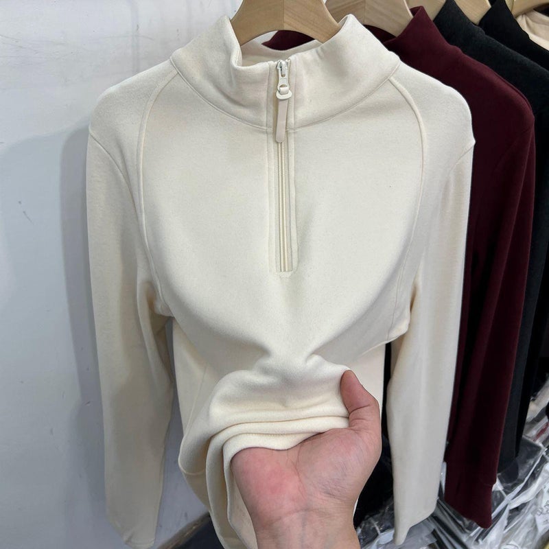 Plus Size Double-Sided Long-Sleeved T-Shirt Women'S Chubby Girl Half-High Collar Zipper Warm Base Shirt Top - Image 3