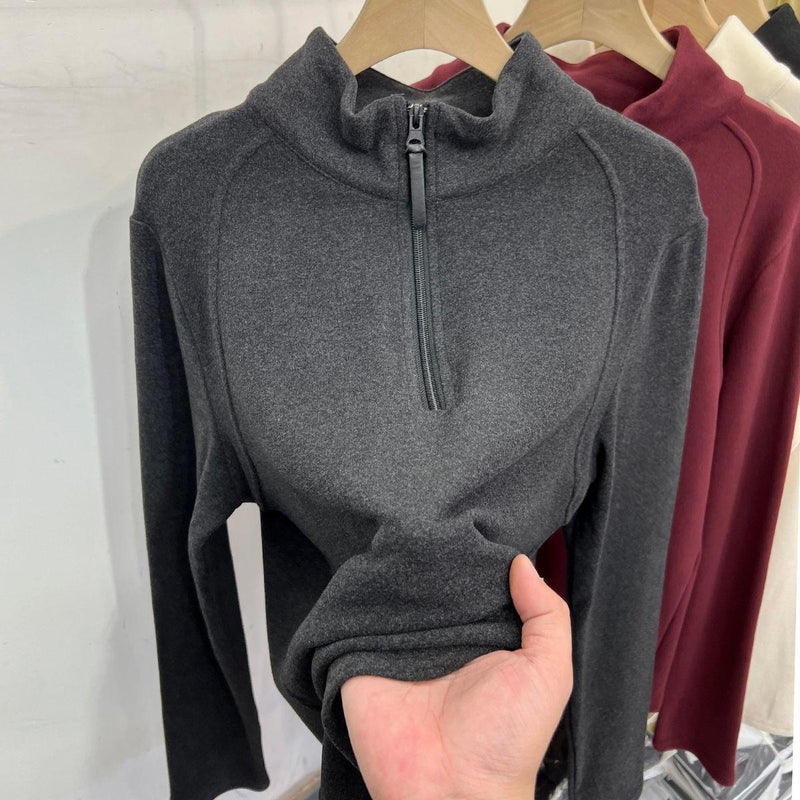 Plus Size Double-Sided Long-Sleeved T-Shirt Women'S Chubby Girl Half-High Collar Zipper Warm Base Shirt Top - Image 2