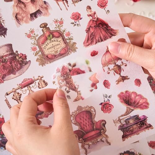 Invite Enterprise Invite 24 Sheets Vintage Theme Stickers - Elegant Victorian Girl Scrapbook Stickers, Floral Aesthetic Ephemera for Journals, Planners, Collage, and DIY Crafts (Pack of 1 - Red Color) - Image 3