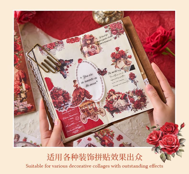 Invite Enterprise Invite 24 Sheets Vintage Theme Stickers - Elegant Victorian Girl Scrapbook Stickers, Floral Aesthetic Ephemera for Journals, Planners, Collage, and DIY Crafts (Pack of 1 - Red Color) - Image 4