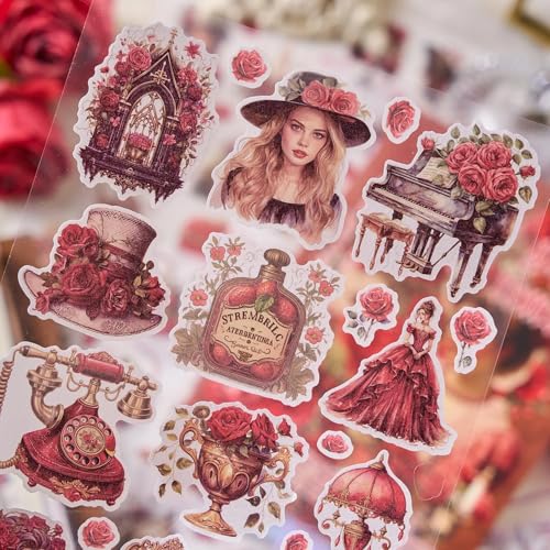Invite Enterprise Invite 24 Sheets Vintage Theme Stickers - Elegant Victorian Girl Scrapbook Stickers, Floral Aesthetic Ephemera for Journals, Planners, Collage, and DIY Crafts (Pack of 1 - Red Color) - Image 2