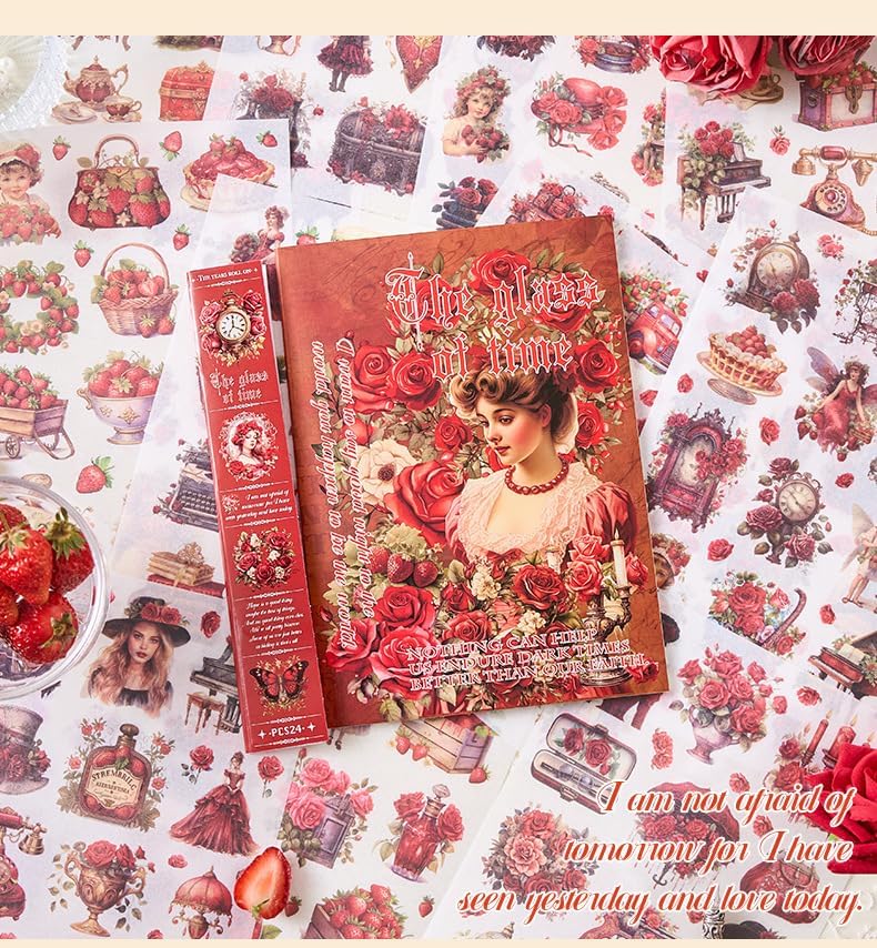 Invite Enterprise Invite 24 Sheets Vintage Theme Stickers - Elegant Victorian Girl Scrapbook Stickers, Floral Aesthetic Ephemera for Journals, Planners, Collage, and DIY Crafts (Pack of 1 - Red Color) - Image 1