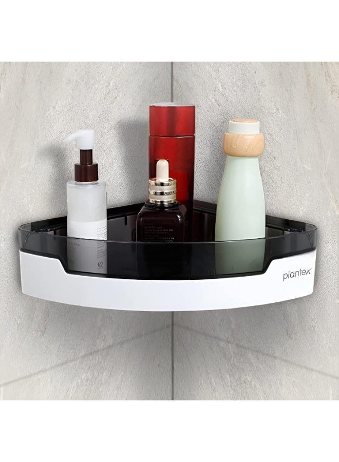 Plantex Corner Shelf for Bathroom Plastic/Unbreakable ABS Plastic Corner Shelf/Multipurpose Wall Mounted Shelf/Plastic Bathroom Organiser with Removable Tray/(8x8 inches, Black & White) - Image 1