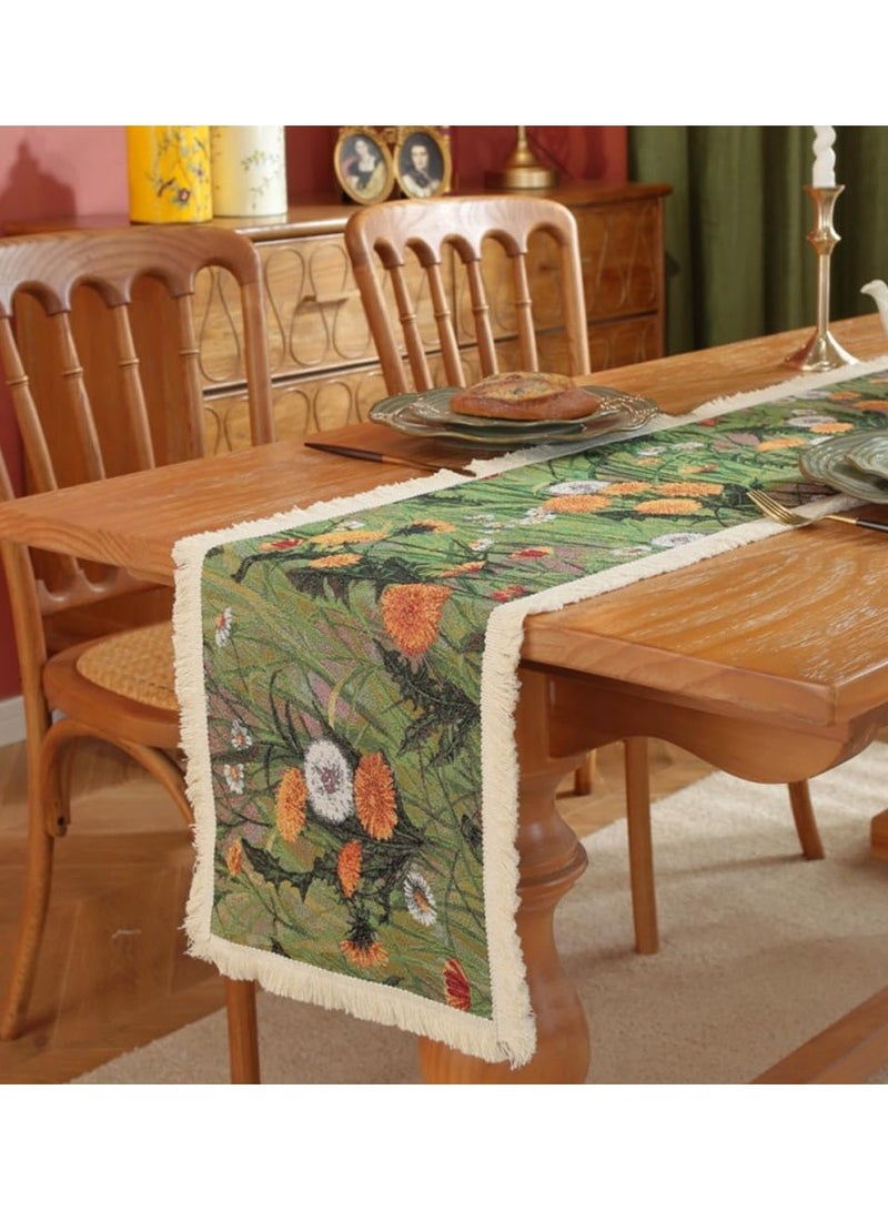 SYOSI Vintage Table Runner, Table Cloth, Dandelion Designed Table Cover, Cotton Fabrics Color Woven Jacquard Process Dining Table Runners with Tassels for Autumn Farmhouse Country Embroidery (30*200cm) - Image 1
