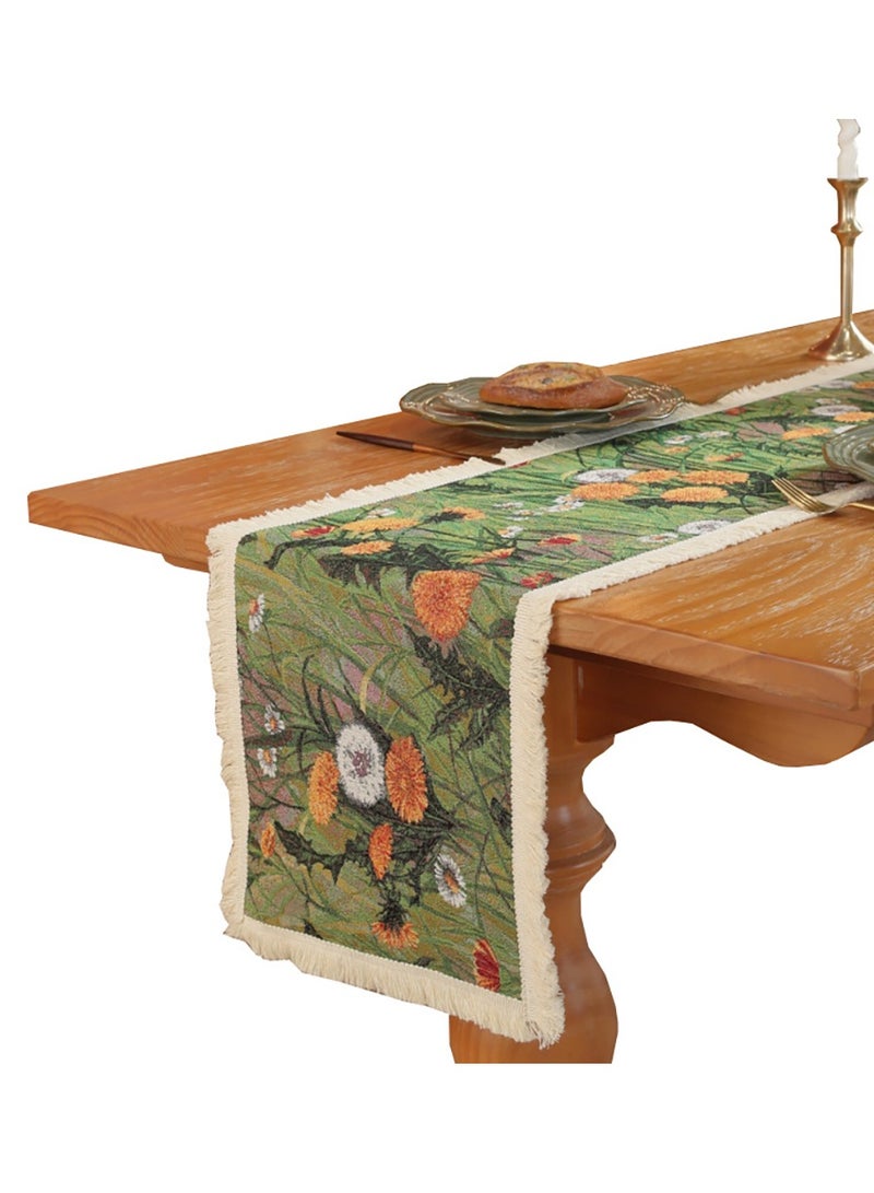 SYOSI Vintage Table Runner, Table Cloth, Dandelion Designed Table Cover, Cotton Fabrics Color Woven Jacquard Process Dining Table Runners with Tassels for Autumn Farmhouse Country Embroidery (30*200cm) - Image 5