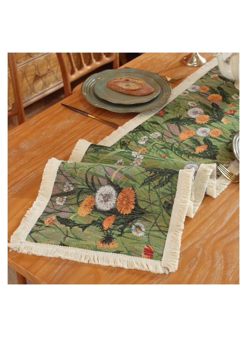 SYOSI Vintage Table Runner, Table Cloth, Dandelion Designed Table Cover, Cotton Fabrics Color Woven Jacquard Process Dining Table Runners with Tassels for Autumn Farmhouse Country Embroidery (30*200cm) - Image 4