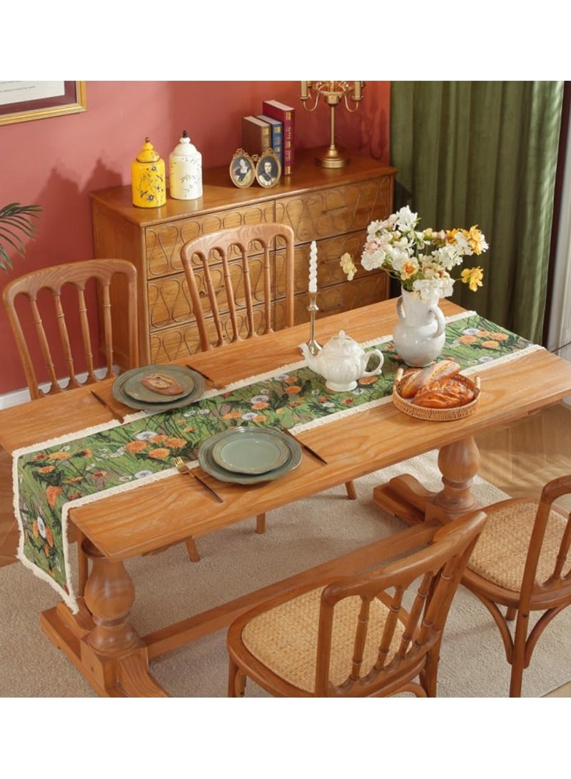 SYOSI Vintage Table Runner, Table Cloth, Dandelion Designed Table Cover, Cotton Fabrics Color Woven Jacquard Process Dining Table Runners with Tassels for Autumn Farmhouse Country Embroidery (30*200cm) - Image 3