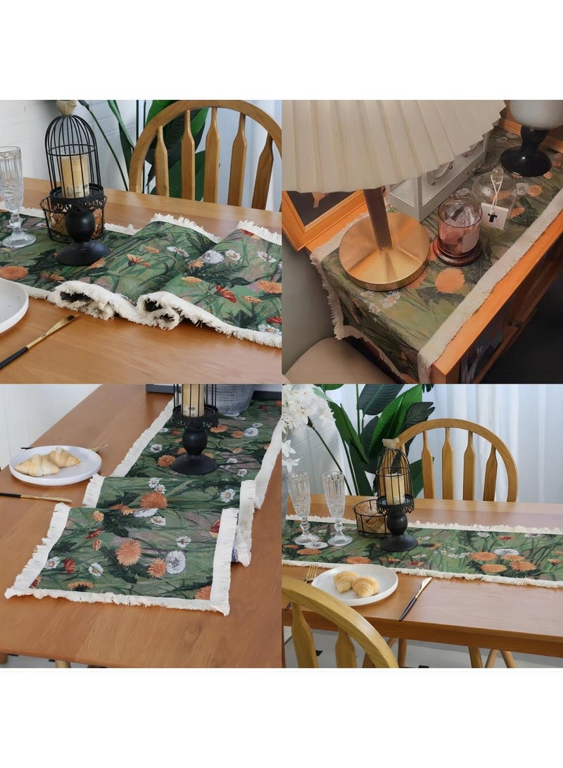 SYOSI Vintage Table Runner, Table Cloth, Dandelion Designed Table Cover, Cotton Fabrics Color Woven Jacquard Process Dining Table Runners with Tassels for Autumn Farmhouse Country Embroidery (30*200cm) - Image 2