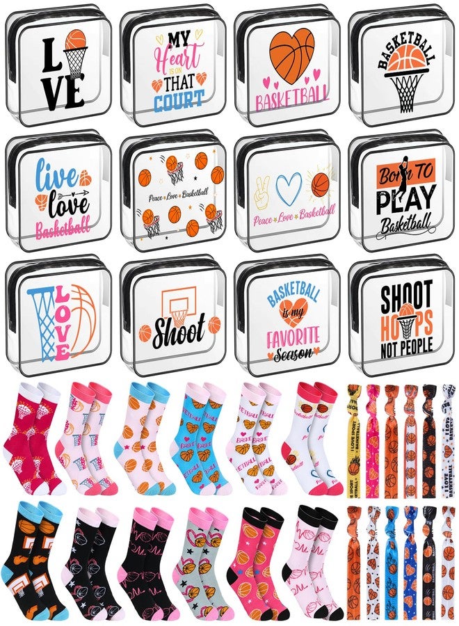 Dansydaisy 36 Pcs Basketball Team Gifts Bulk Basketball Gift Ideas Include 12 Cosmetic Bag 12 Socks 12 Hair Ties Accessories for Women Valentine's Day Sports Party Favors - Image 1