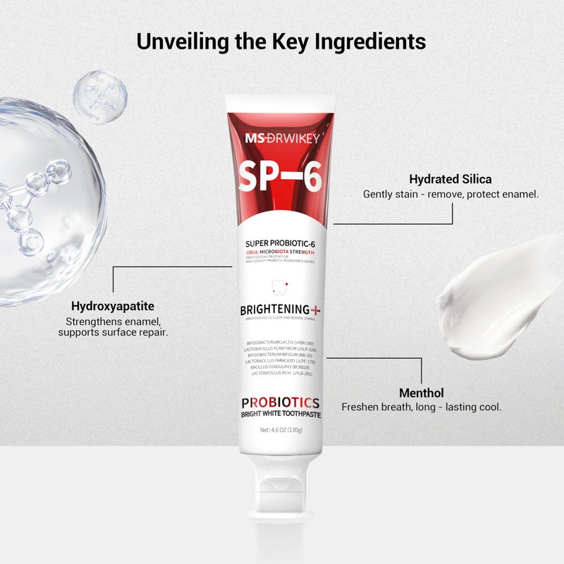 MSDRWIKEY SP-6 Probiotic Whitening Toothpaste - Enhanced Formula with 6 Probiotics for Teeth Whitening and Gum Health - Enamel-Safe, Fluoride-Free, Fresh Mint Flavor, 4.6oz (2) - Image 4