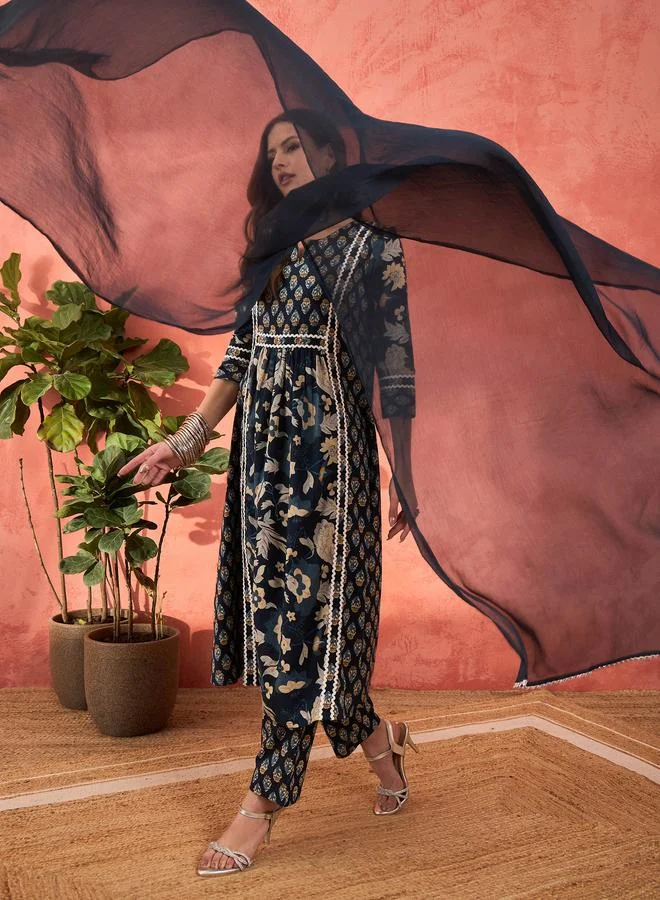 SASSAFRAS SASSAFRAS Navy Floral Anarkali Kurta with Pencil Pants and Dupatta Set