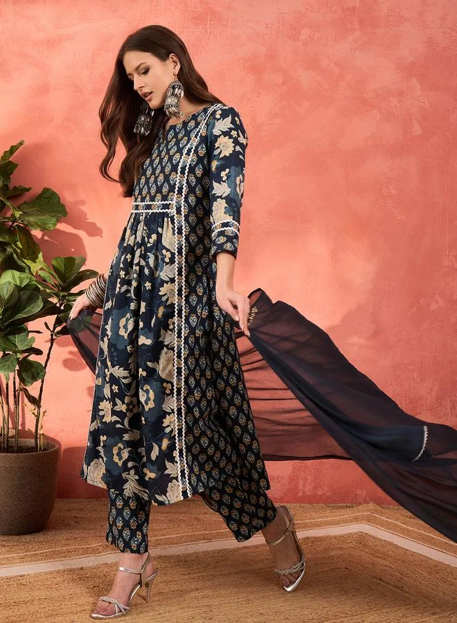 SASSAFRAS SASSAFRAS Navy Floral Anarkali Kurta with Pencil Pants and Dupatta Set