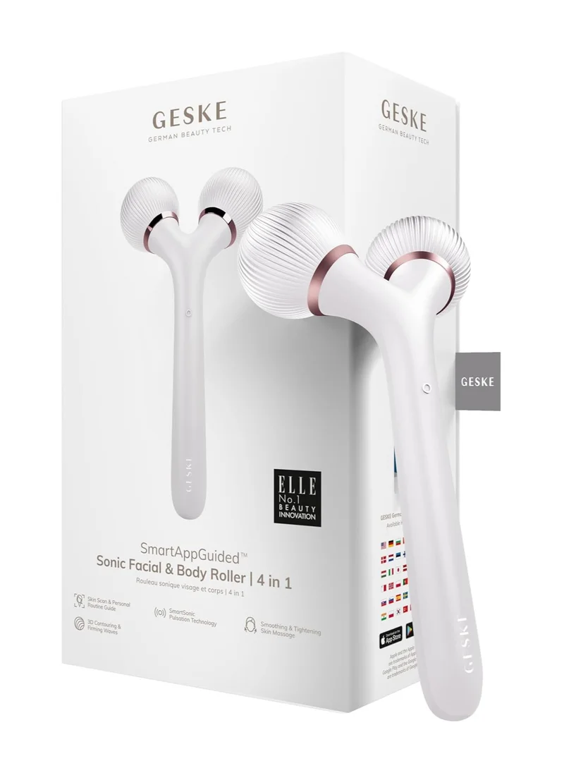 GESKE SmartAppGuided Sonic Facial & Body Roller 4 in 1 Derma Roller Device for Face and Body Dermaroll Professional Face Roller Tightens and Defines Body and Face, Starlight