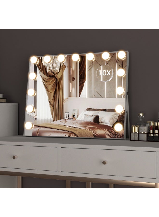 Hollywood Vanity Mirror with Lights, Vanity Makeup Mirror with 15 LED Bulbs, 3 Color Lighting Modes, USB Port, Smart Touch Control