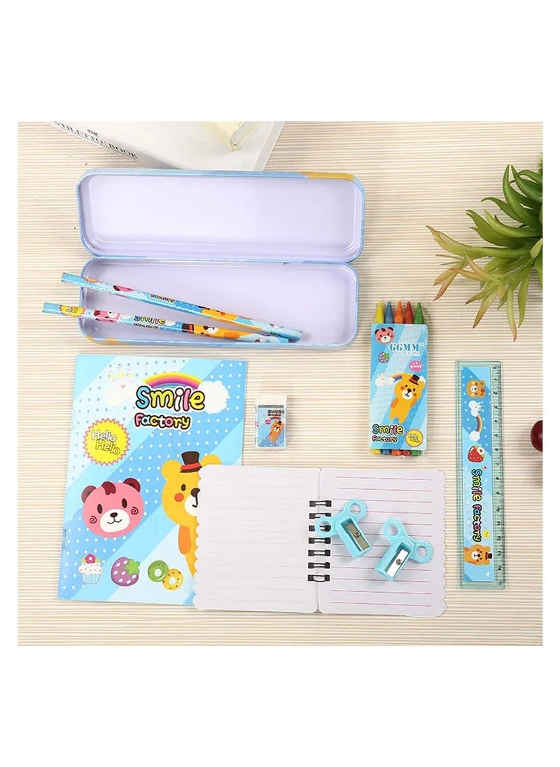 Stationery Set - Pack of 10
Includes: 2 Pencils + 2 Sharpeners + 1 Medium Notebook + 1 Small Notebook + 1 Pencil Case + 1 Ruler + 1 Eraser + 1 Color Pen -Blue