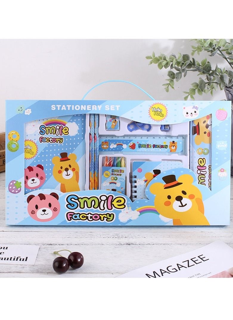Stationery Set - Pack of 10
Includes: 2 Pencils + 2 Sharpeners + 1 Medium Notebook + 1 Small Notebook + 1 Pencil Case + 1 Ruler + 1 Eraser + 1 Color Pen -Blue