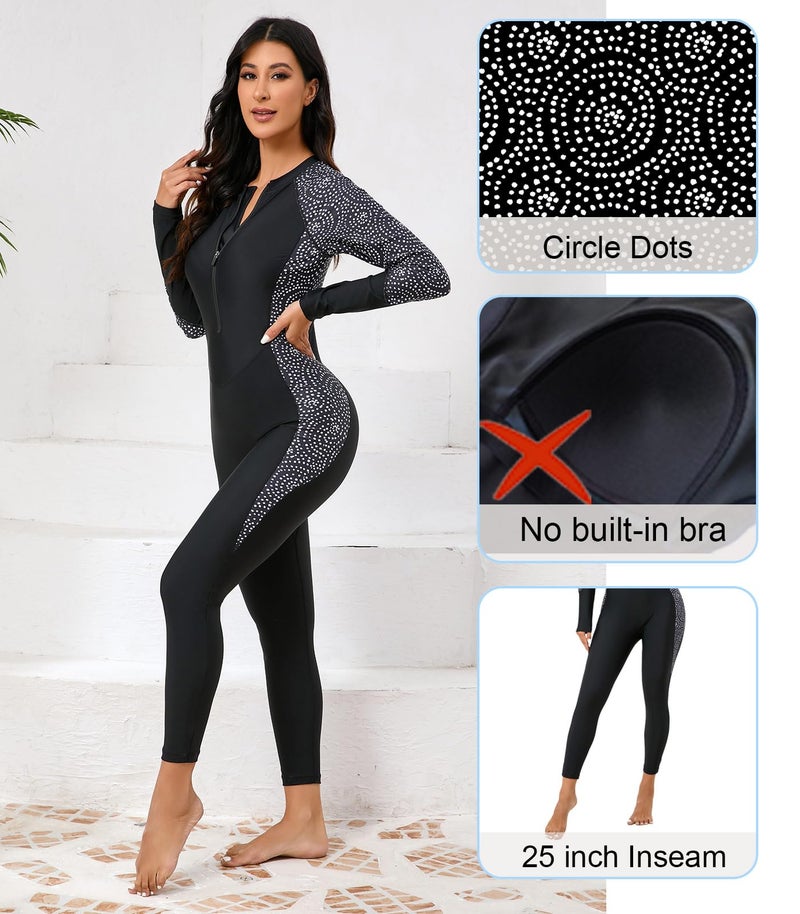 Halcurt Ladies Rash Guard Long Sleeve One Piece Swimsuit UPF 50 Zip Front Stinger Suit Full Coverage Black L - Image 2