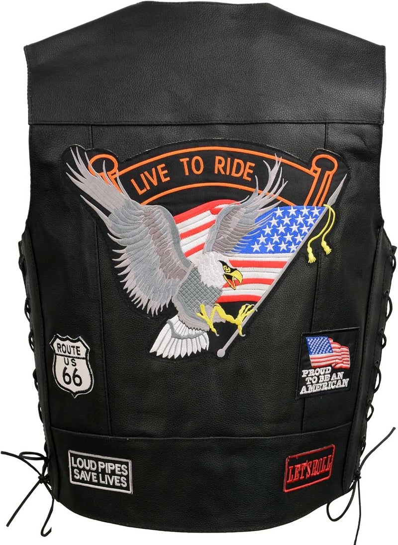 Event Leather ELM3930 Black Motorcycle Leather Vest for Men with Patches - Image 1