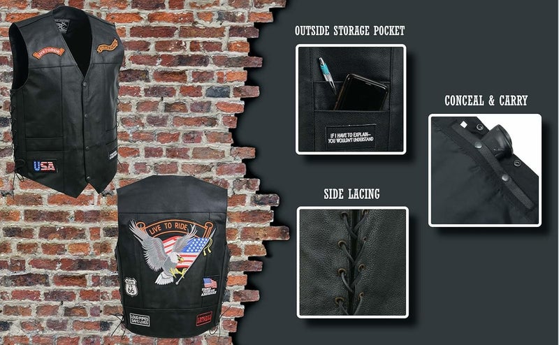 Event Leather ELM3930 Black Motorcycle Leather Vest for Men with Patches - Image 2