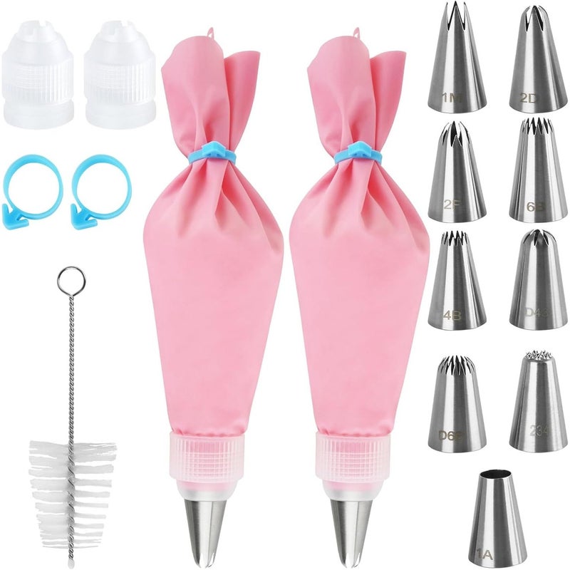 Piping Nozzle Baking Set 16pcs with 2 Reusable Bags and Cleaning Brush - Image 1