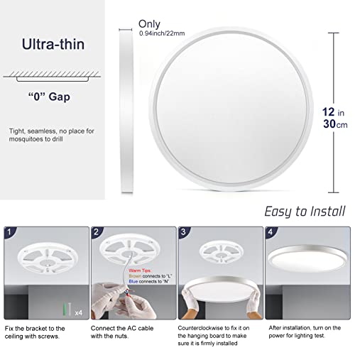 LightingWill 12 Inch LED Flush Mount Ceiling Light Fixture, 5000K Daylight White, 3200LM, 24W, Flat Modern Round Lighting Fixture, 240W Equivalent White Ceiling Lamp for Kitchens, Stairwells, Bedrooms.etc. - Image 5