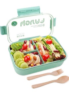 Excefore Bento Lunch Boxes 3 Compartment Green Bento Box with Fork and Spoon Leak Proof Bento Box Microwave Safe Wheat Straw Bento Lunch Containers BPA Free Bento Box for Kids Adults  - Image 1