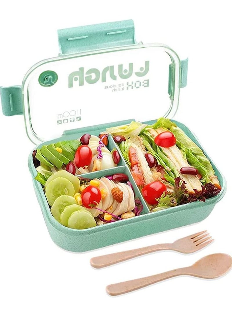 إكسفور علب غداء بينتو 3 أقسام صندوق بينتو أخضر مع شوكة وملعقة مانعة للتسرب صندوق بينتو آمن في الميكروويف قش قمح حاويات غداء بينتو خالية من البيسفينول A صندوق بينتو للأطفال البالغين - Image 1