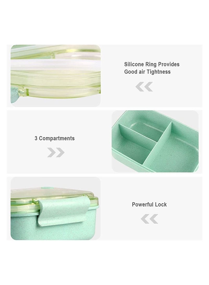 إكسفور علب غداء بينتو 3 أقسام صندوق بينتو أخضر مع شوكة وملعقة مانعة للتسرب صندوق بينتو آمن في الميكروويف قش قمح حاويات غداء بينتو خالية من البيسفينول A صندوق بينتو للأطفال البالغين - Image 4