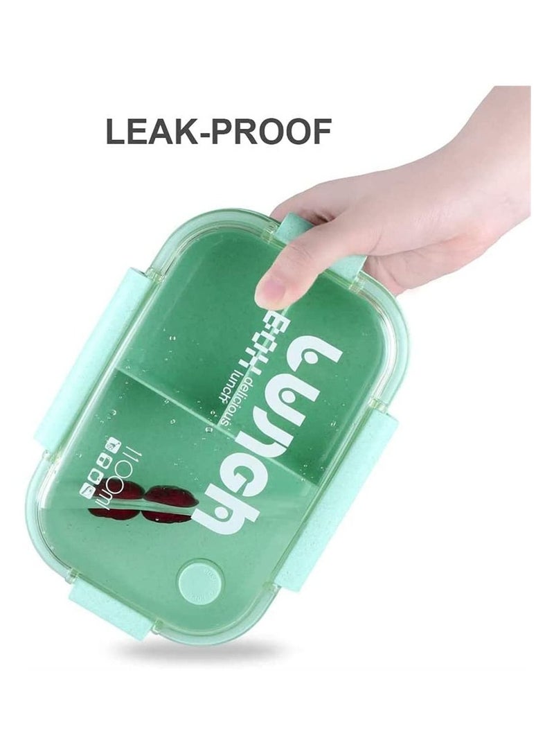 إكسفور علب غداء بينتو 3 أقسام صندوق بينتو أخضر مع شوكة وملعقة مانعة للتسرب صندوق بينتو آمن في الميكروويف قش قمح حاويات غداء بينتو خالية من البيسفينول A صندوق بينتو للأطفال البالغين - Image 2