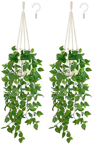 Mkono 2 Packs Fake Hanging Plant with Pot, Artificial Plants Macrame Plant Hanger Fake Vine Greenery for Bedroom Bathroom Home Office Decor - Image 1