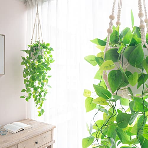 Mkono 2 Packs Fake Hanging Plant with Pot, Artificial Plants Macrame Plant Hanger Fake Vine Greenery for Bedroom Bathroom Home Office Decor - Image 2