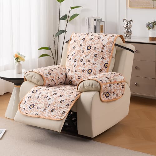 HOKIPO 'HomeHues Series' Quilted Cover for Recliner Sofa 1 Seater with SecureFit Belt & Side Pocket, Light Green Ash Gypsy Flower (IN-828-D5) - Image 1