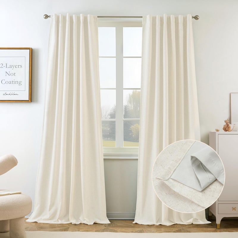 DriftAway 100 Blackout Natural Linen Curtains for Bedroom 84 Inches Long Double Layer Drape Farmhouse Thermal Insulated 3 Inch Rod Pocket Back Tab Full Light Blocking 2 Panels for Living Room Nursery