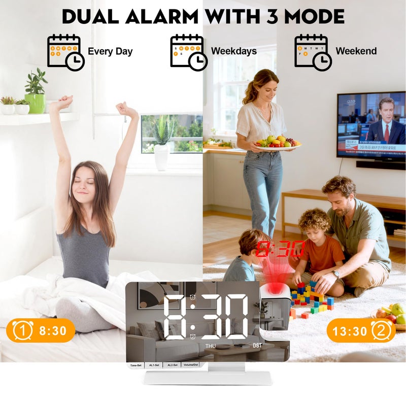 SZELAM Digital Clock,Alarm Clock Bedside with Projection,7.3" Mirror Clock with 180Â°Rotating Projector,Dual Alarm with 3 Mode,Brightnee Adjust,DST,Snooze,Charging Port,5 Levels Volume for Desk Teens - Image 4