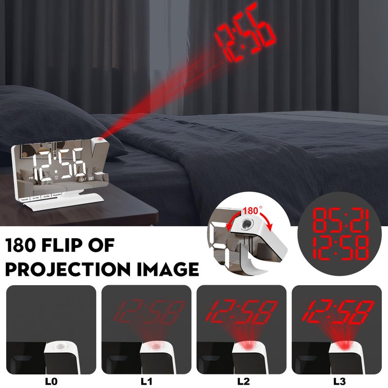 SZELAM Digital Clock,Alarm Clock Bedside with Projection,7.3" Mirror Clock with 180Â°Rotating Projector,Dual Alarm with 3 Mode,Brightnee Adjust,DST,Snooze,Charging Port,5 Levels Volume for Desk Teens - Image 2